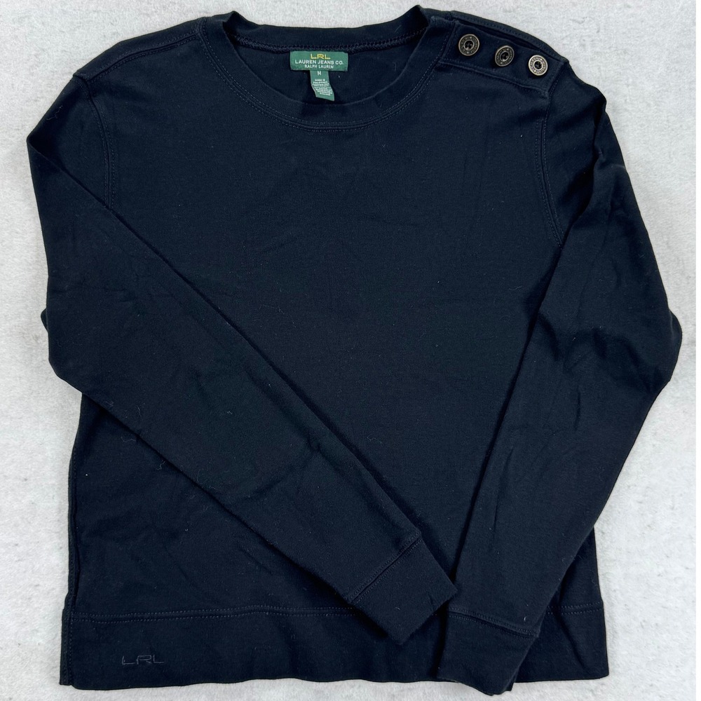 Lauren Ralph Lauren Black Button Shoulder Long Sleeve Top LRL Cotton Knit M